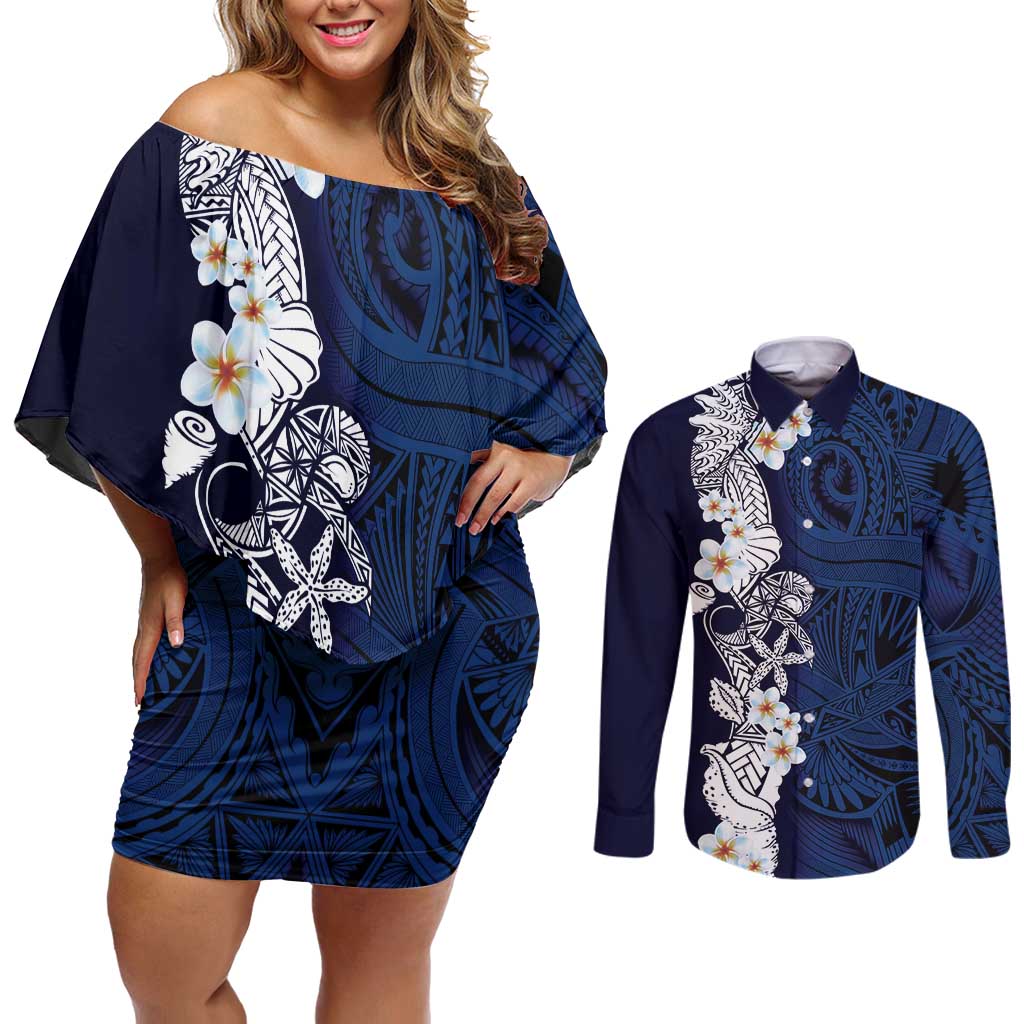 Blue Samoa Tattoo Couples Matching Off Shoulder Short Dress and Long Sleeve Button Shirt Plumeria Samoan Ocean Tatau Pattern - Polynesian Pride