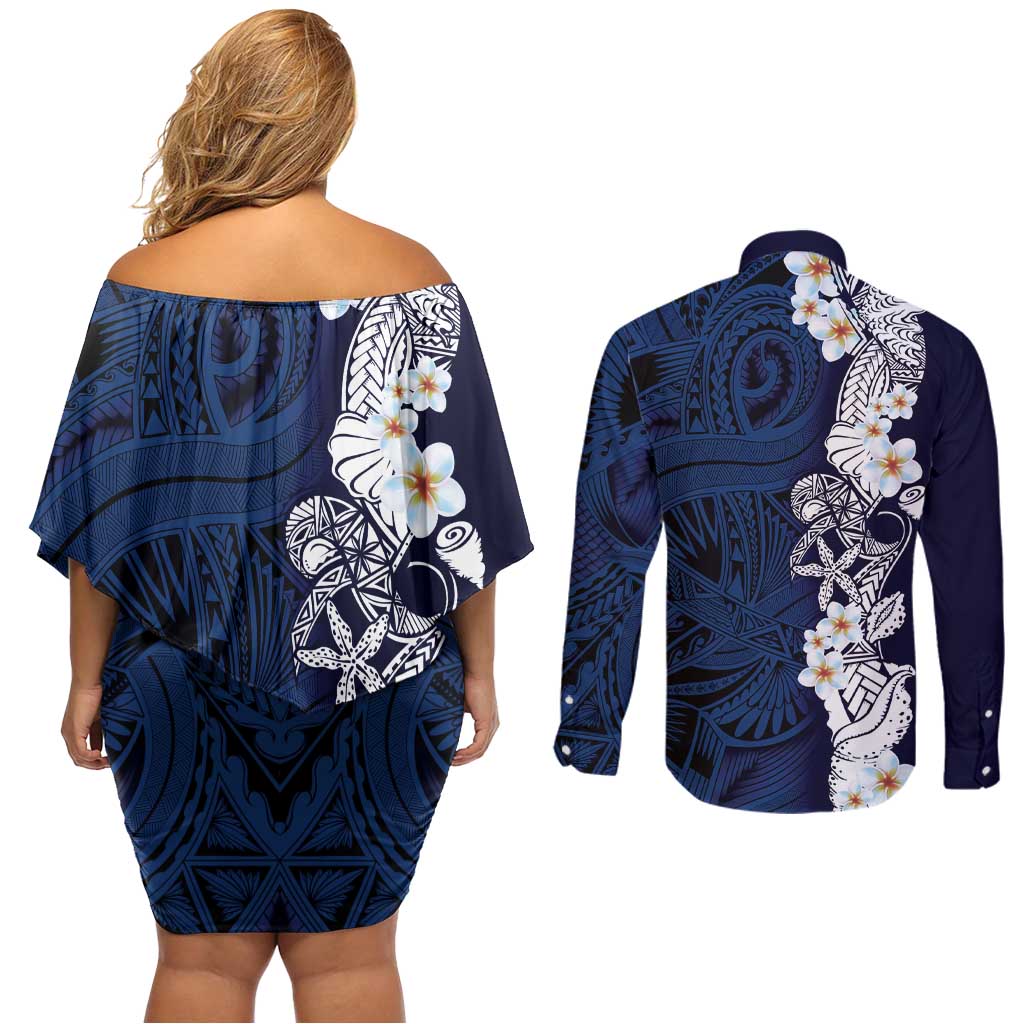Blue Samoa Tattoo Couples Matching Off Shoulder Short Dress and Long Sleeve Button Shirt Plumeria Samoan Ocean Tatau Pattern - Polynesian Pride