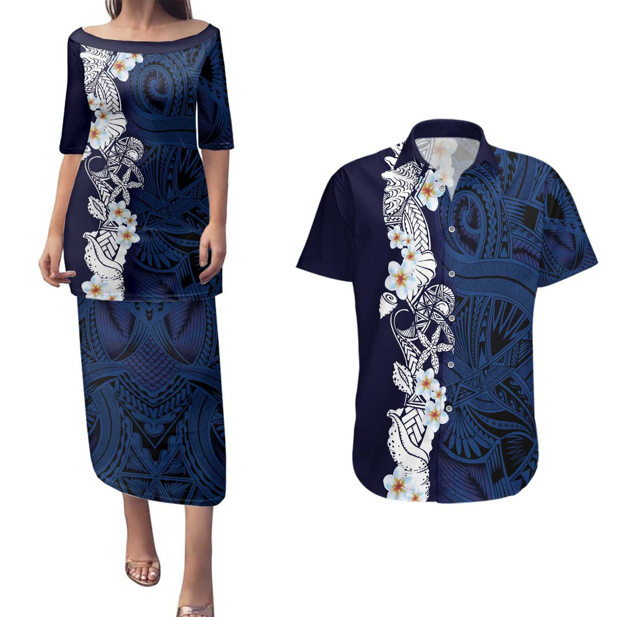 Blue Samoa Tattoo Couples Matching Puletasi and Hawaiian Shirt Plumeria Samoan Ocean Tatau Pattern - Polynesian Pride