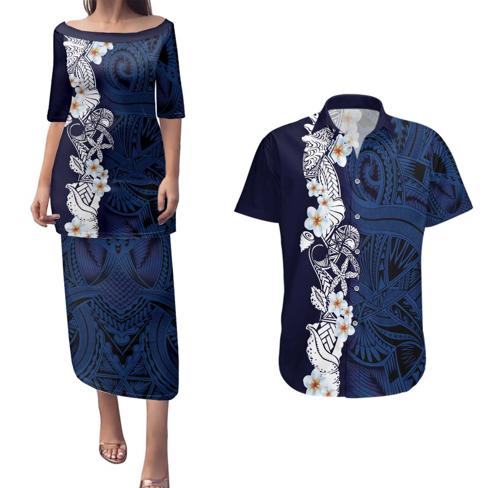 Blue Samoa Tattoo Couples Matching Puletasi and Hawaiian Shirt Plumeria Samoan Ocean Tatau Pattern - Polynesian Pride