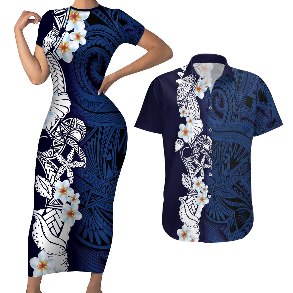 Blue Samoa Tattoo Couples Matching Short Sleeve Bodycon Dress and Hawaiian Shirt Plumeria Samoan Ocean Tatau Pattern - Polynesian Pride
