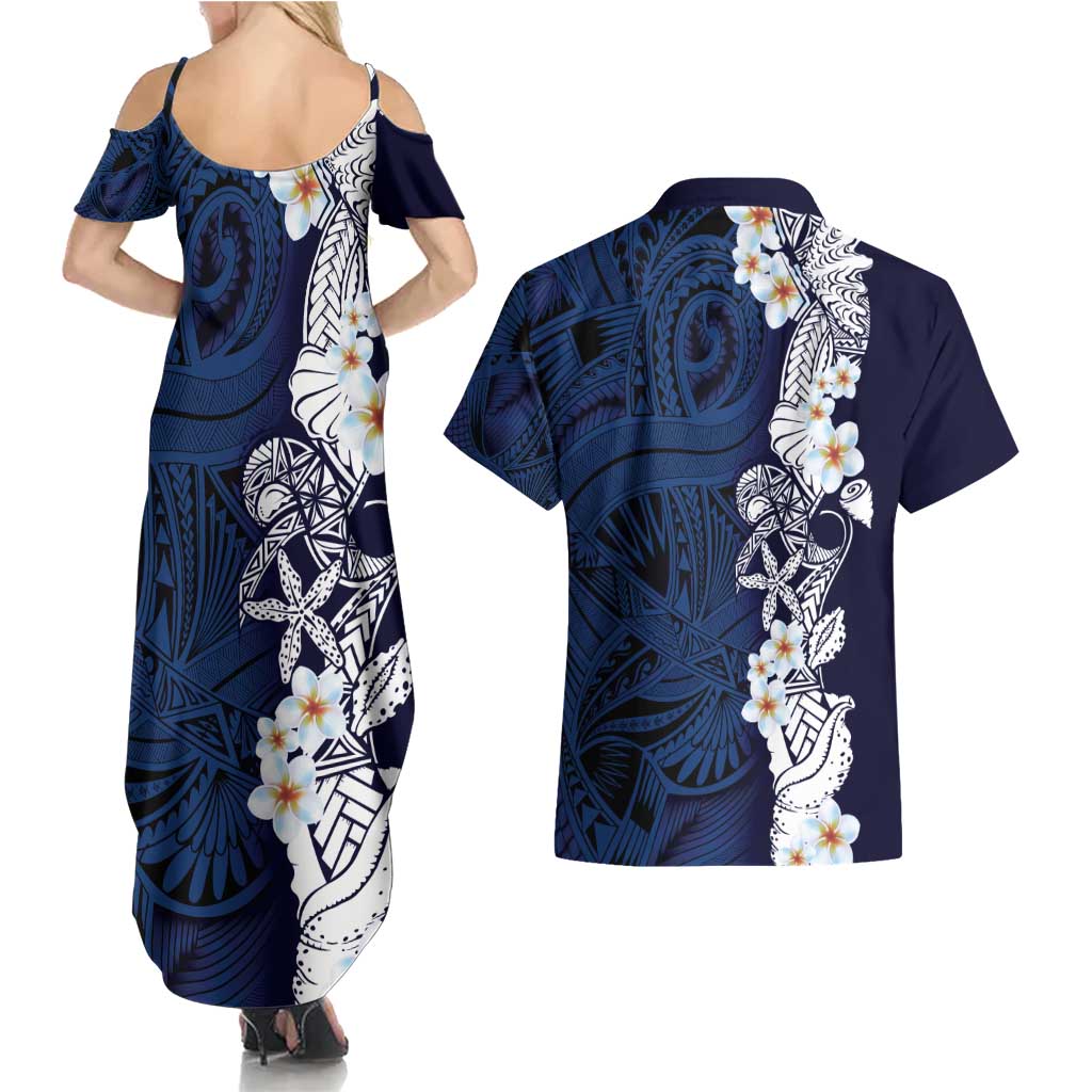 Blue Samoa Tattoo Couples Matching Summer Maxi Dress and Hawaiian Shirt Plumeria Samoan Ocean Tatau Pattern - Polynesian Pride