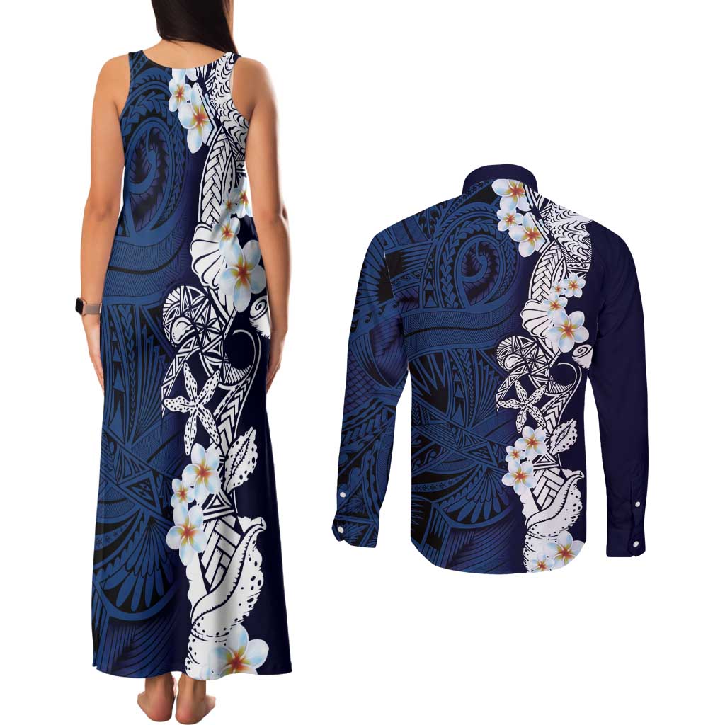 Blue Samoa Tattoo Couples Matching Tank Maxi Dress and Long Sleeve Button Shirt Plumeria Samoan Ocean Tatau Pattern - Polynesian Pride