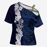 Blue Samoa Tattoo Cross Shoulder Shirt Plumeria Samoan Ocean Tatau Pattern - Polynesian Pride