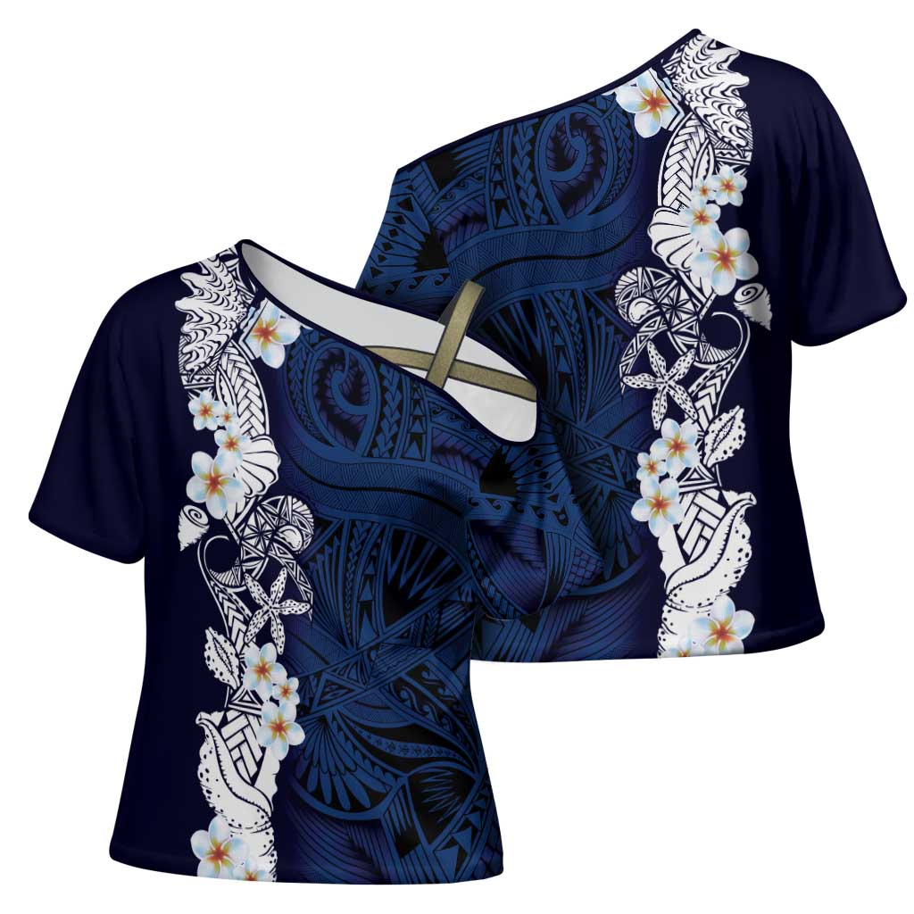 Blue Samoa Tattoo Cross Shoulder Shirt Plumeria Samoan Ocean Tatau Pattern - Polynesian Pride