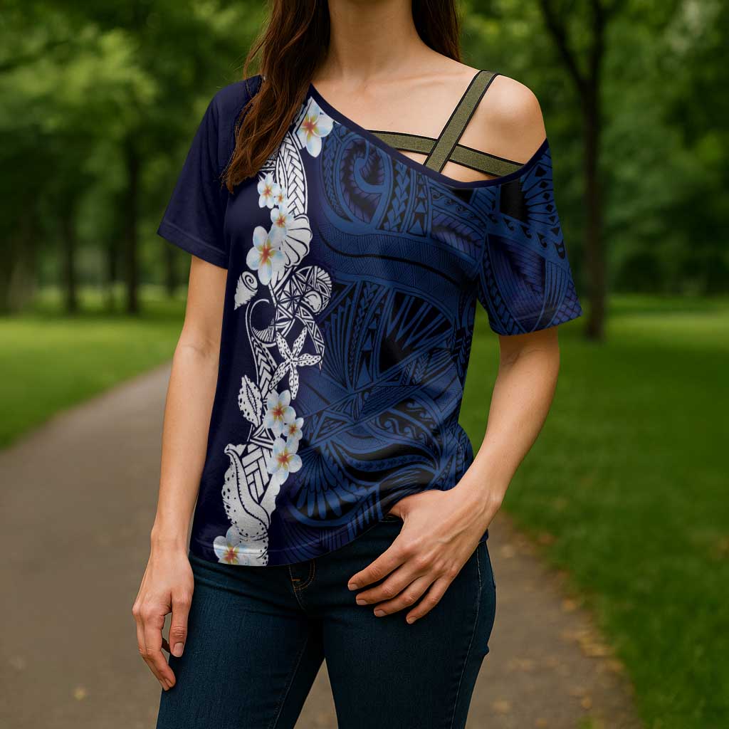 Blue Samoa Tattoo Cross Shoulder Shirt Plumeria Samoan Ocean Tatau Pattern - Polynesian Pride