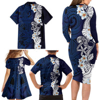 Blue Samoa Tattoo Family Matching Long Sleeve Bodycon Dress and Hawaiian Shirt Plumeria Samoan Ocean Tatau Pattern - Polynesian Pride