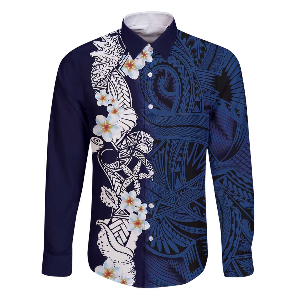 Blue Samoa Tattoo Family Matching Long Sleeve Bodycon Dress and Hawaiian Shirt Plumeria Samoan Ocean Tatau Pattern - Polynesian Pride