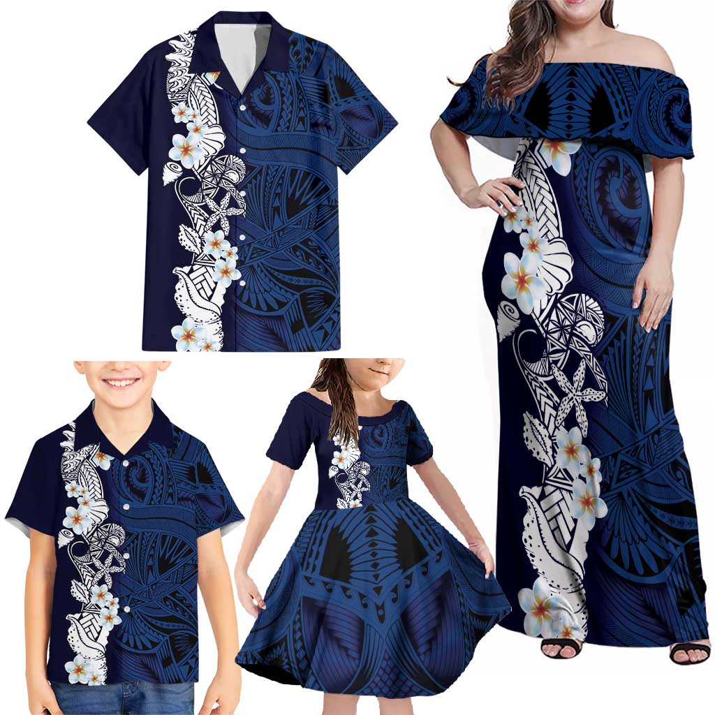 Blue Samoa Tattoo Family Matching Off Shoulder Maxi Dress and Hawaiian Shirt Plumeria Samoan Ocean Tatau Pattern - Polynesian Pride