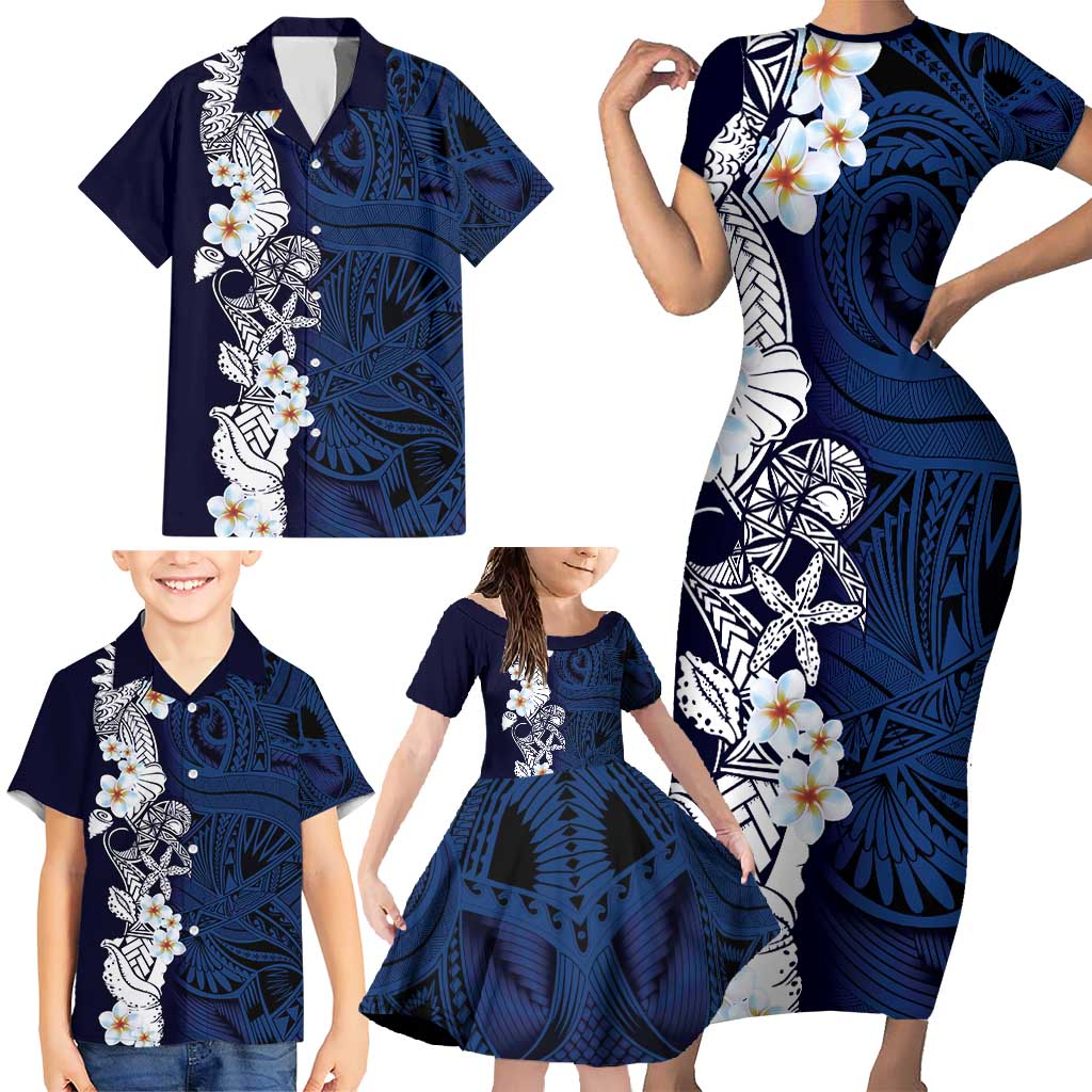 Blue Samoa Tattoo Family Matching Short Sleeve Bodycon Dress and Hawaiian Shirt Plumeria Samoan Ocean Tatau Pattern - Polynesian Pride