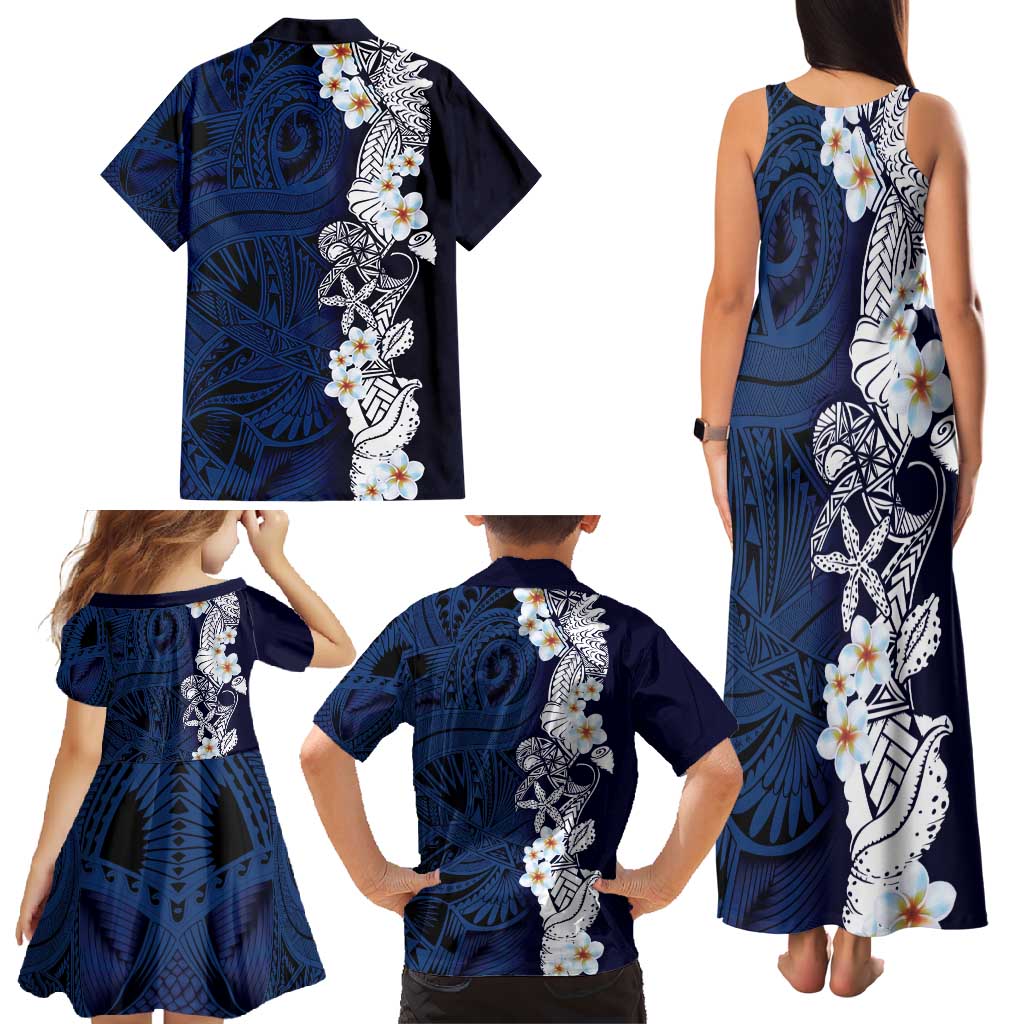 Blue Samoa Tattoo Family Matching Tank Maxi Dress and Hawaiian Shirt Plumeria Samoan Ocean Tatau Pattern - Polynesian Pride