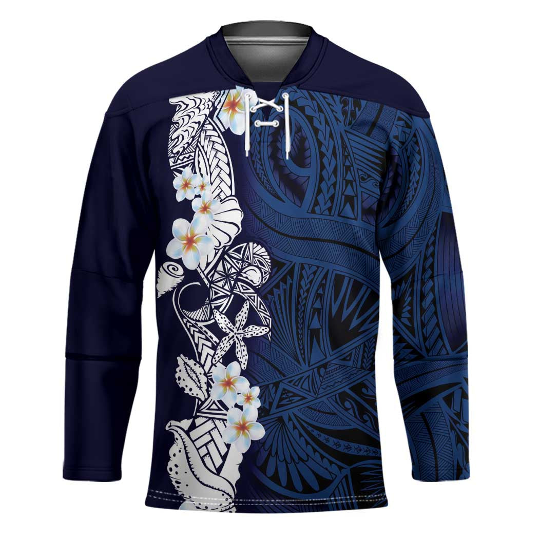 Blue Samoa Tattoo Hockey Jersey Plumeria Samoan Ocean Tatau Pattern - Polynesian Pride