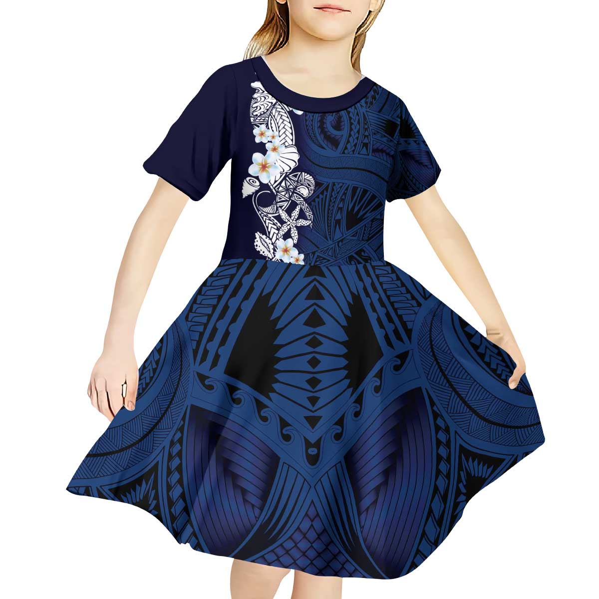 Blue Samoa Tattoo Kid Short Sleeve Dress Plumeria Samoan Ocean Tatau Pattern - Polynesian Pride