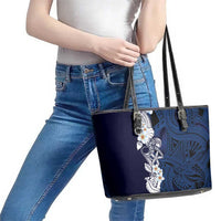 Blue Samoa Tattoo Leather Tote Bag Plumeria Samoan Ocean Tatau Pattern - Polynesian Pride