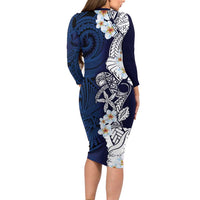 Blue Samoa Tattoo Long Sleeve Bodycon Dress Plumeria Samoan Ocean Tatau Pattern - Polynesian Pride