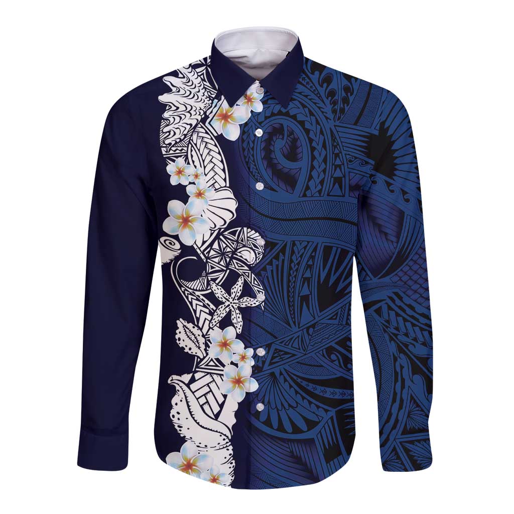 Blue Samoa Tattoo Long Sleeve Button Shirt Plumeria Samoan Ocean Tatau Pattern - Polynesian Pride