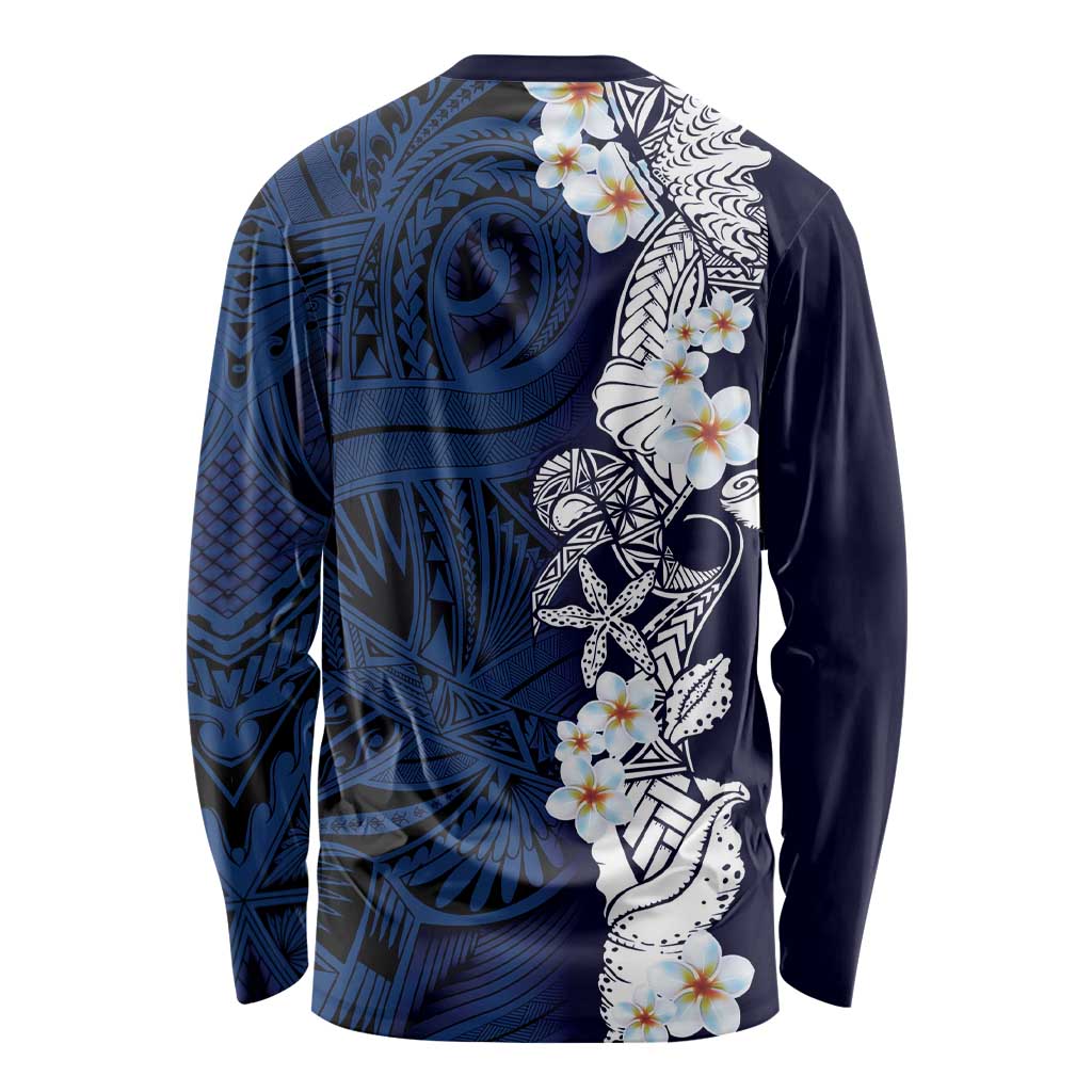 Blue Samoa Tattoo Long Sleeve Shirt Plumeria Samoan Ocean Tatau Pattern - Polynesian Pride