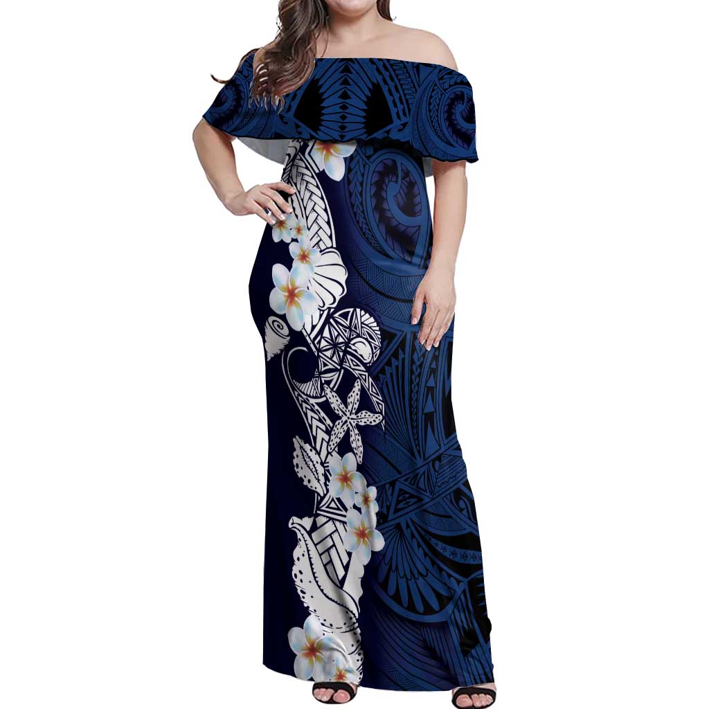 Blue Samoa Tattoo Off Shoulder Maxi Dress Plumeria Samoan Ocean Tatau Pattern - Polynesian Pride