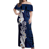 Blue Samoa Tattoo Off Shoulder Maxi Dress Plumeria Samoan Ocean Tatau Pattern - Polynesian Pride