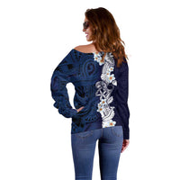 Blue Samoa Tattoo Off Shoulder Sweater Plumeria Samoan Ocean Tatau Pattern - Polynesian Pride