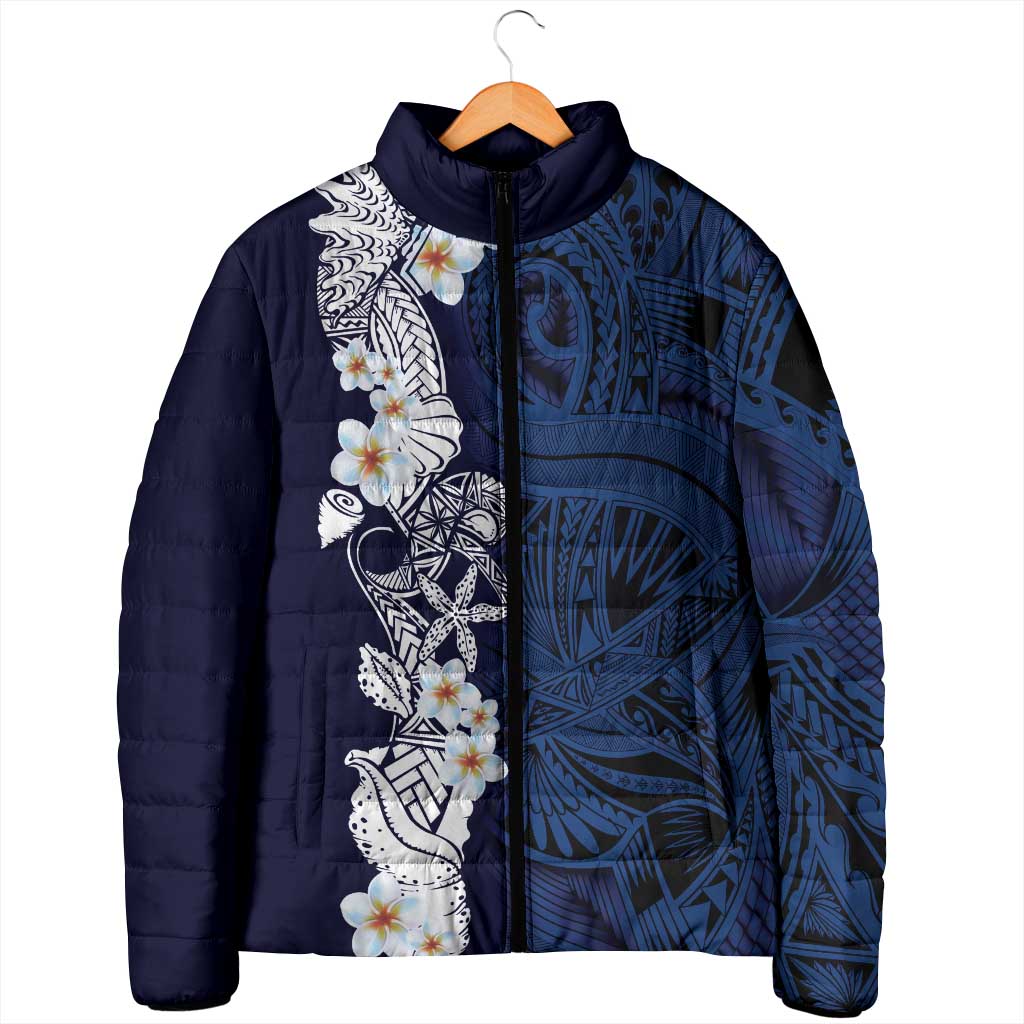Blue Samoa Tattoo Padded Jacket Plumeria Samoan Ocean Tatau Pattern - Polynesian Pride