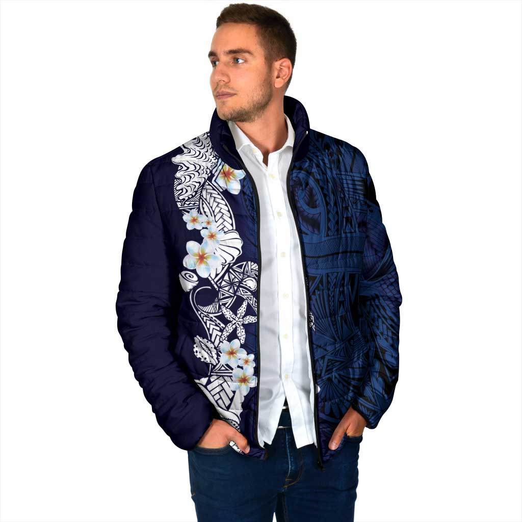 Blue Samoa Tattoo Padded Jacket Plumeria Samoan Ocean Tatau Pattern - Polynesian Pride