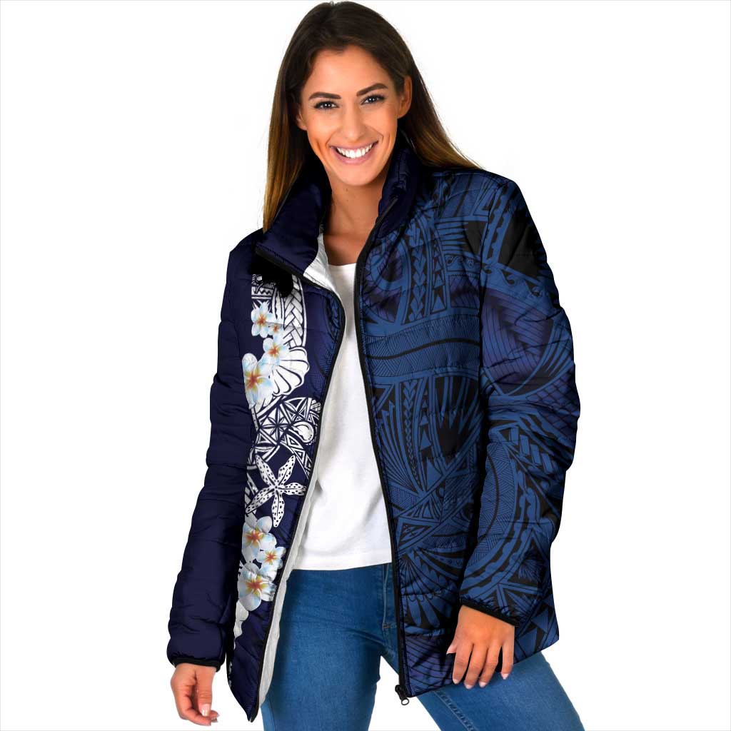 Blue Samoa Tattoo Padded Jacket Plumeria Samoan Ocean Tatau Pattern - Polynesian Pride