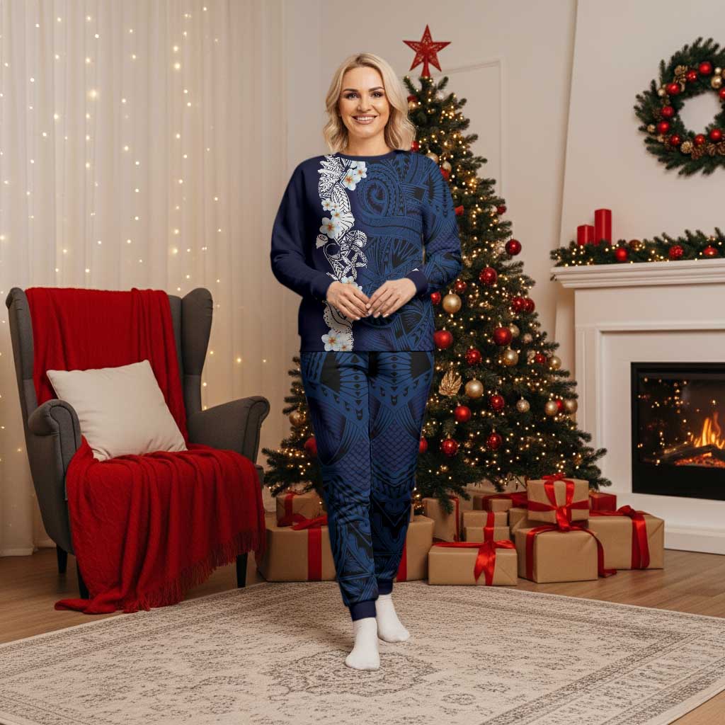 Blue Samoa Tattoo Christmas Pajama Set Plumeria Samoan Ocean Tatau Pattern - Polynesian Pride
