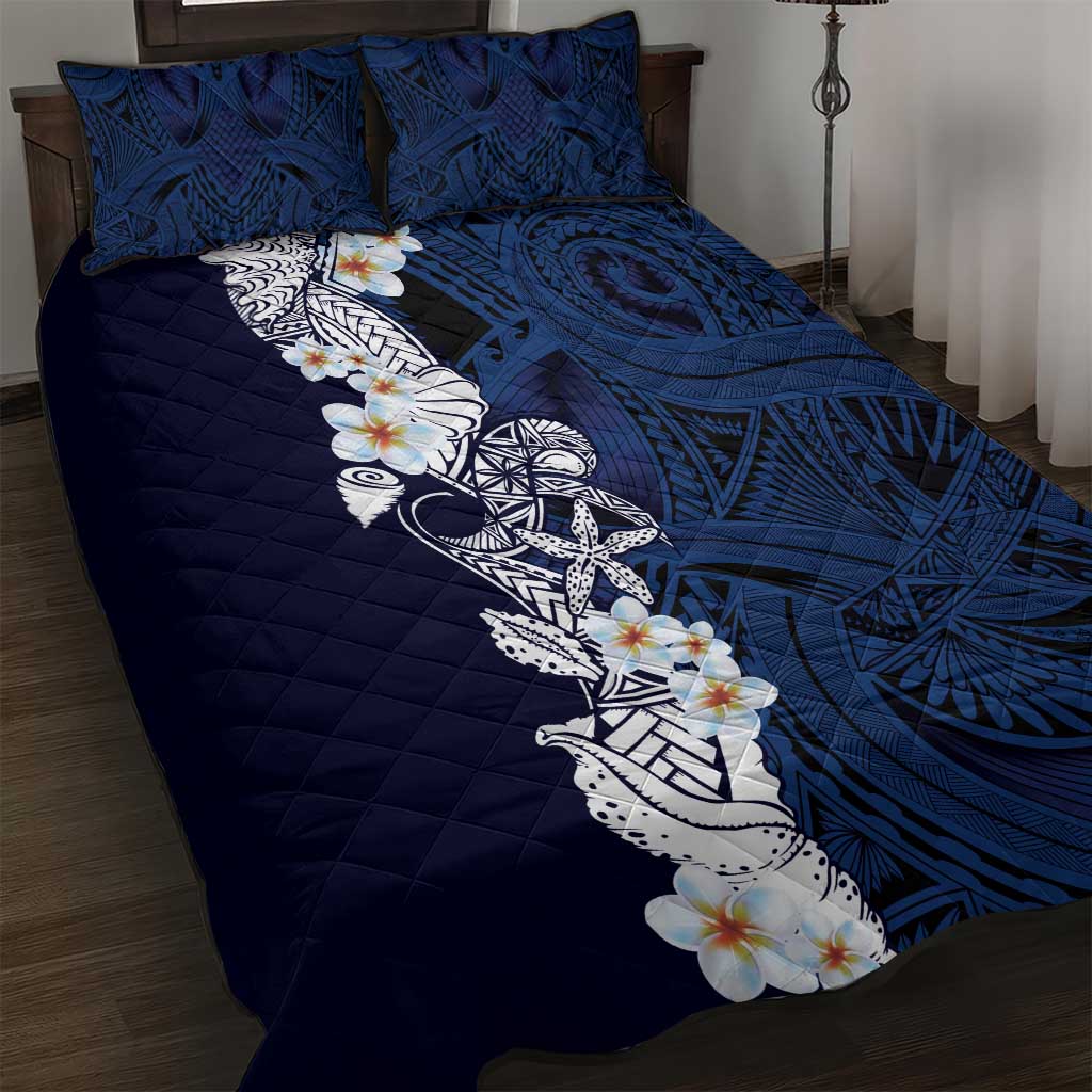 Blue Samoa Tattoo Quilt Bed Set Plumeria Samoan Ocean Tatau Pattern - Polynesian Pride