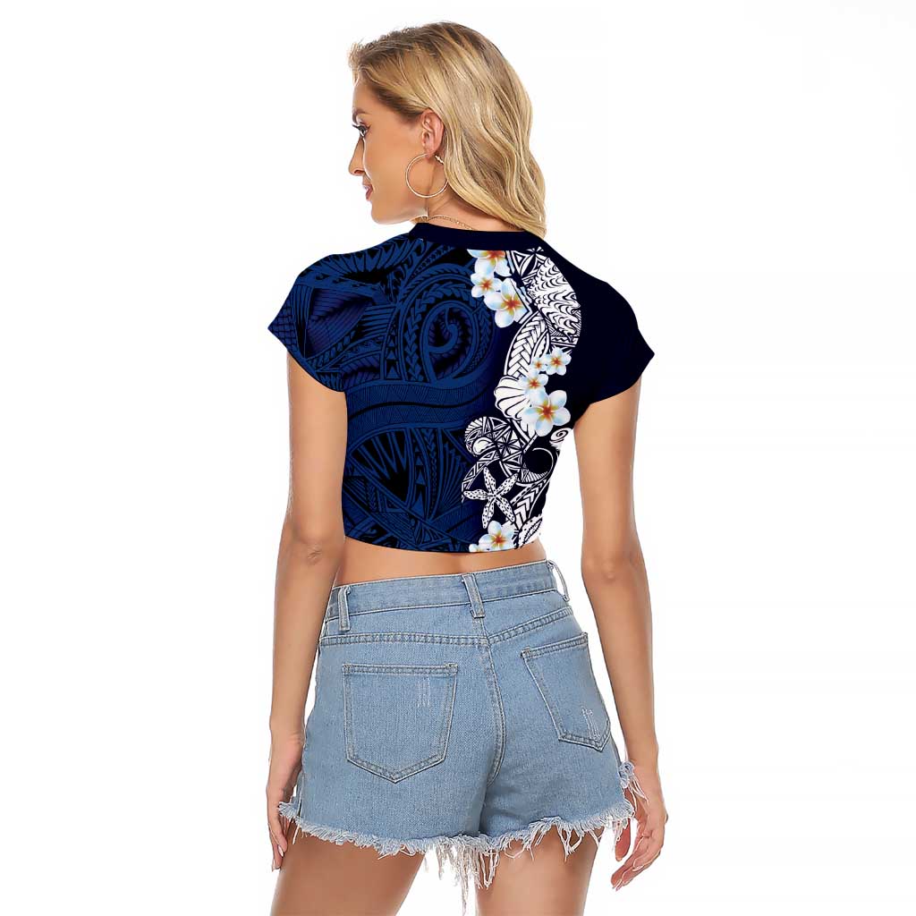 Blue Samoa Tattoo Raglan Cropped T Shirt Plumeria Samoan Ocean Tatau Pattern - Polynesian Pride