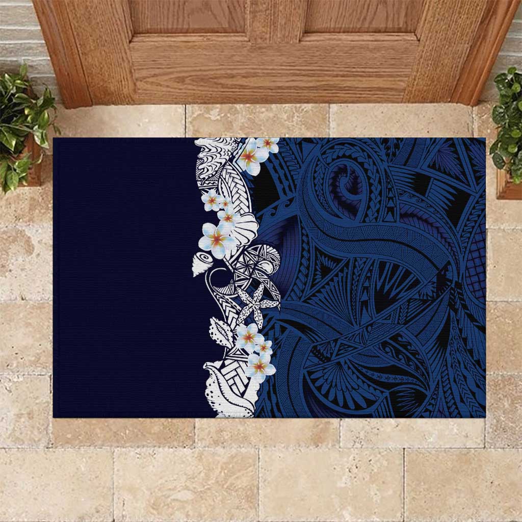 Blue Samoa Tattoo Rubber Doormat Plumeria Samoan Ocean Tatau Pattern - Polynesian Pride