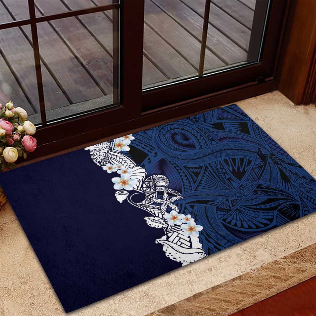 Blue Samoa Tattoo Rubber Doormat Plumeria Samoan Ocean Tatau Pattern - Polynesian Pride
