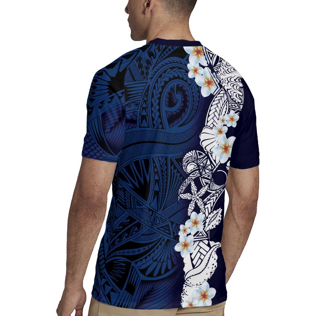 Blue Samoa Tattoo Rugby Jersey Plumeria Samoan Ocean Tatau Pattern - Polynesian Pride