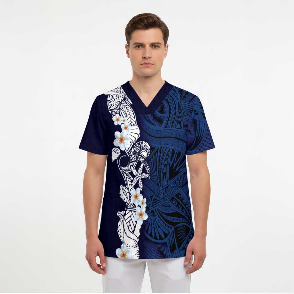 Blue Samoa Tattoo Scrub Top Plumeria Samoan Ocean Tatau Pattern - Polynesian Pride