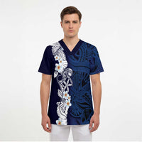 Blue Samoa Tattoo Scrub Top Plumeria Samoan Ocean Tatau Pattern - Polynesian Pride