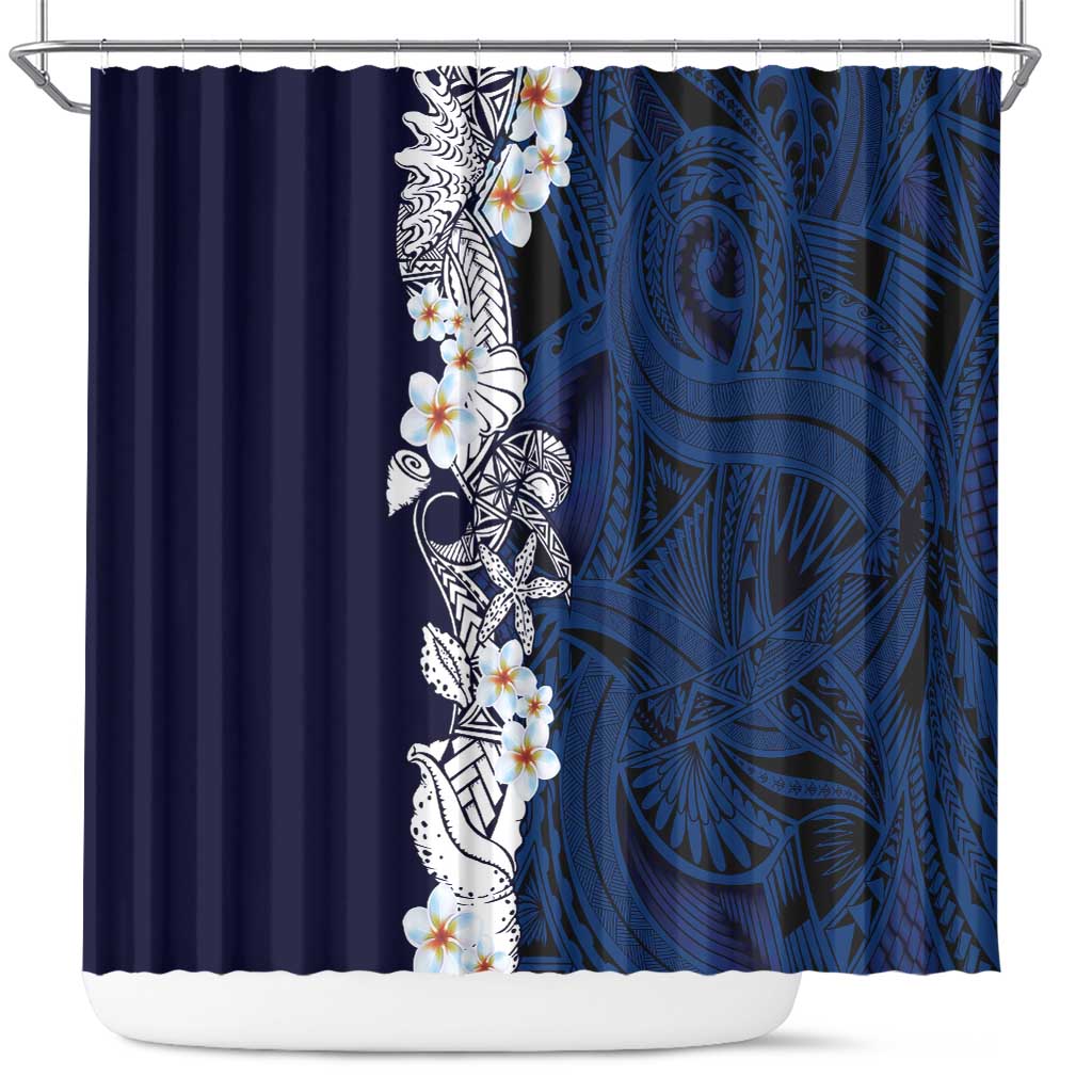 Blue Samoa Tattoo Shower Curtain Plumeria Samoan Ocean Tatau Pattern - Polynesian Pride