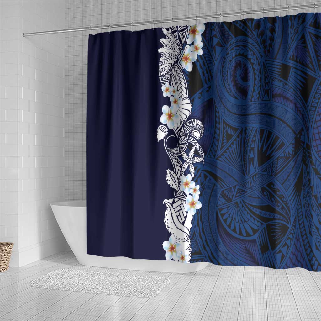 Blue Samoa Tattoo Shower Curtain Plumeria Samoan Ocean Tatau Pattern - Polynesian Pride