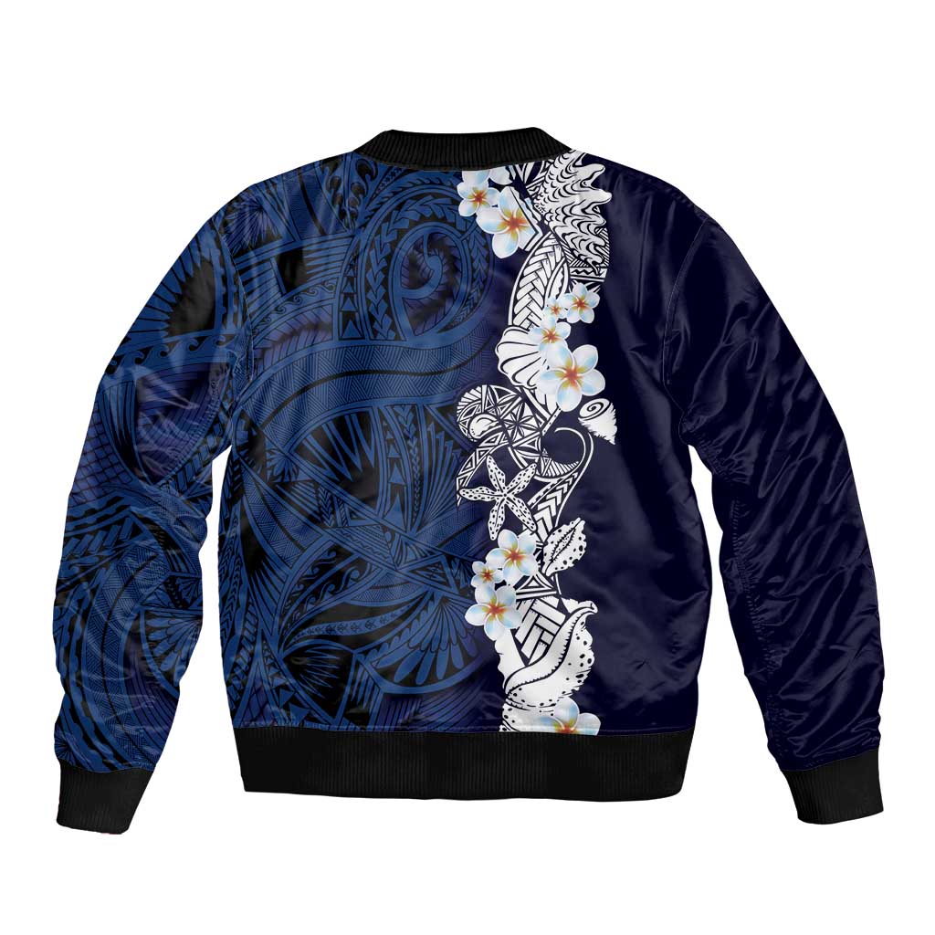 Blue Samoa Tattoo Sleeve Zip Bomber Jacket Plumeria Samoan Ocean Tatau Pattern - Polynesian Pride