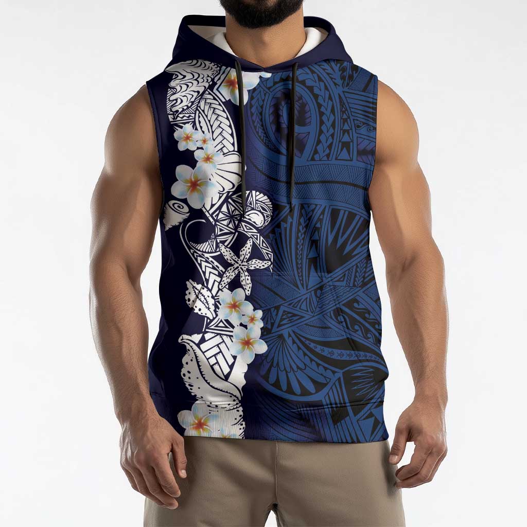 Blue Samoa Tattoo Sleeveless Hoodie Plumeria Samoan Ocean Tatau Pattern - Polynesian Pride