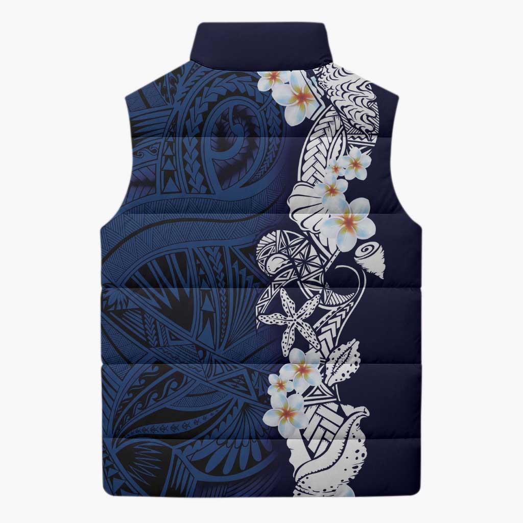 Blue Samoa Tattoo Sleeveless Puffer Jacket Plumeria Samoan Ocean Tatau Pattern - Polynesian Pride
