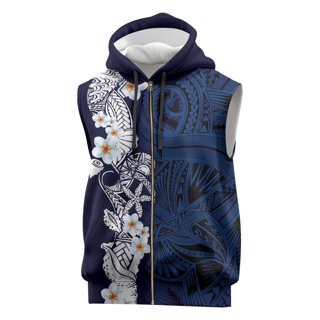 Blue Samoa Tattoo Sleeveless Zip Hoodie Plumeria Samoan Ocean Tatau Pattern - Polynesian Pride