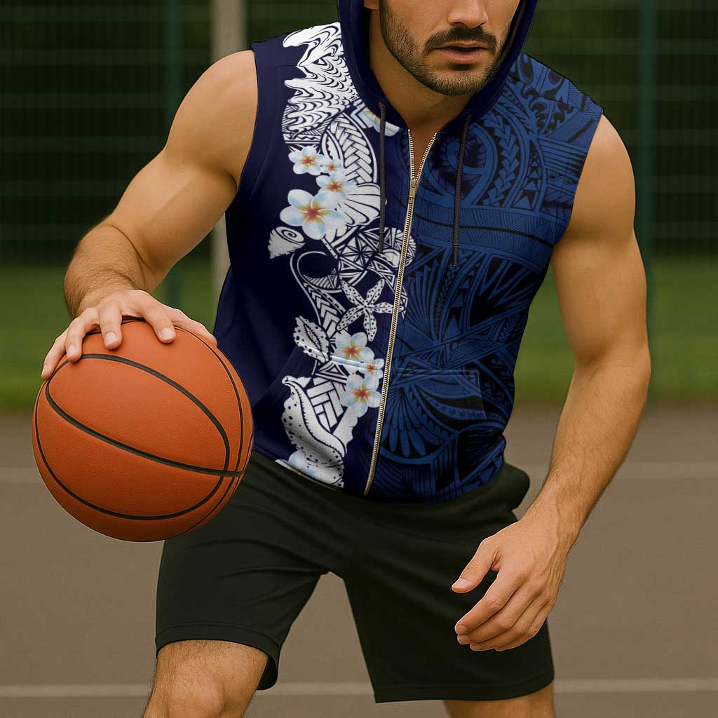 Blue Samoa Tattoo Sleeveless Zip Hoodie Plumeria Samoan Ocean Tatau Pattern - Polynesian Pride
