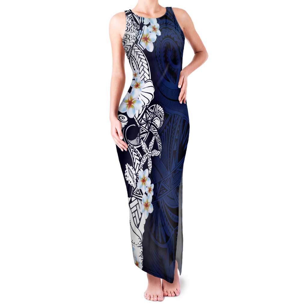 Blue Samoa Tattoo Tank Maxi Dress Plumeria Samoan Ocean Tatau Pattern - Polynesian Pride