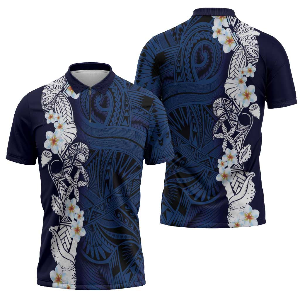 Blue Samoa Tattoo Zipper Polo Shirt Plumeria Samoan Ocean Tatau Pattern - Polynesian Pride