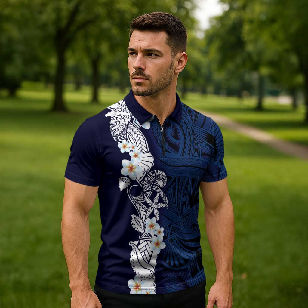 Blue Samoa Tattoo Zipper Polo Shirt Plumeria Samoan Ocean Tatau Pattern - Polynesian Pride