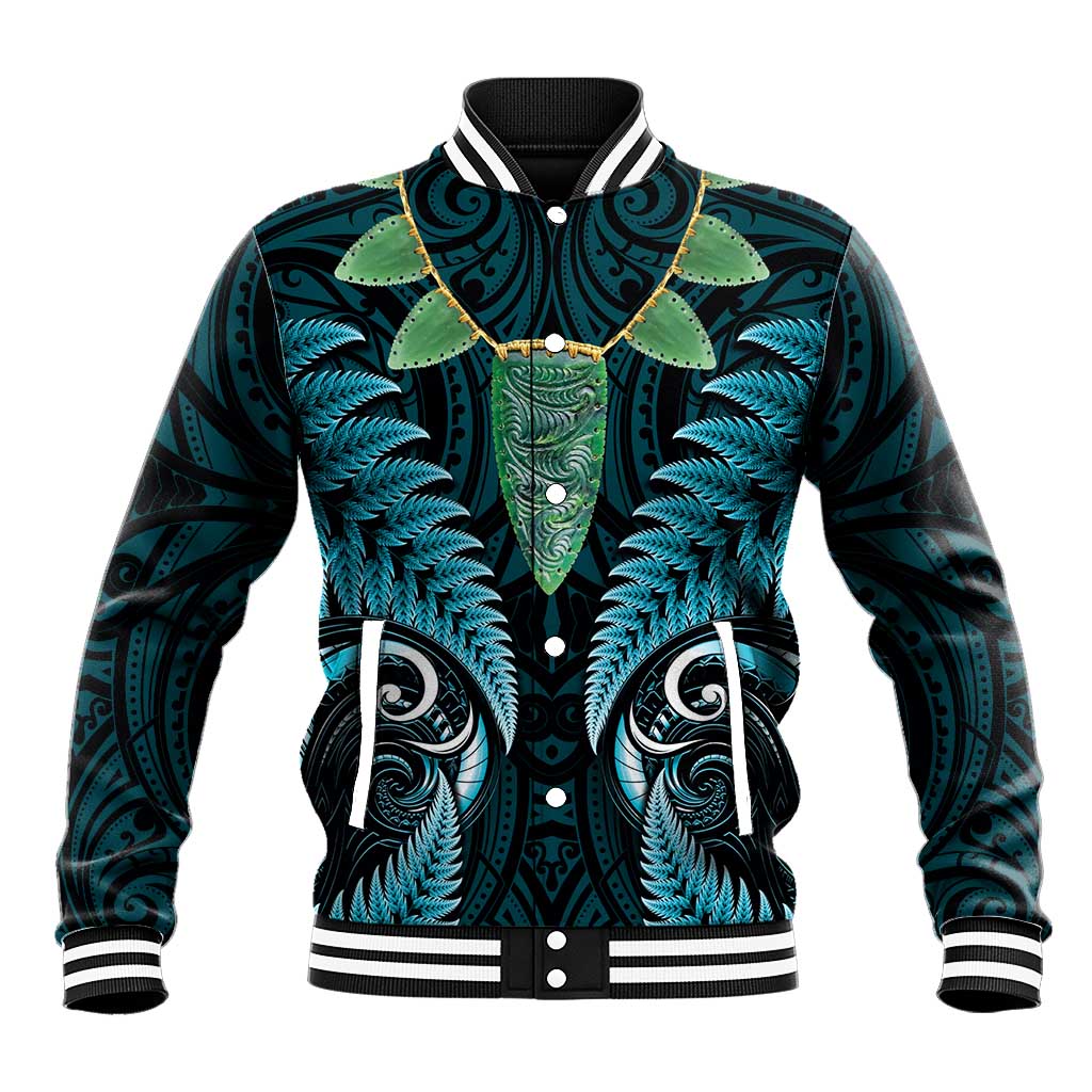 Aotearoa Pounamu Niho Baseball Jacket Silver Fern Mix Maori Pattern - Turquoise LT14 Unisex Turquoise - Polynesian Pride