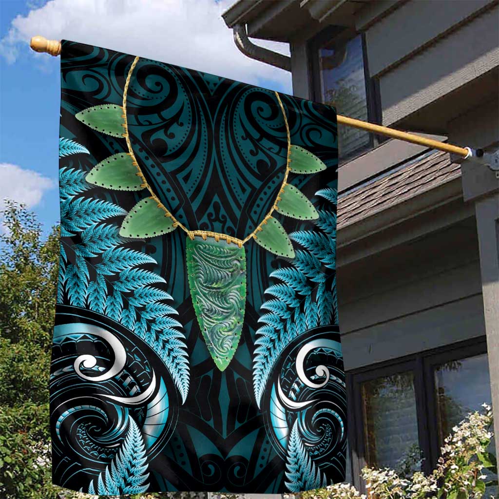 Aotearoa Pounamu Niho Garden Flag Silver Fern Mix Maori Pattern - Turquoise