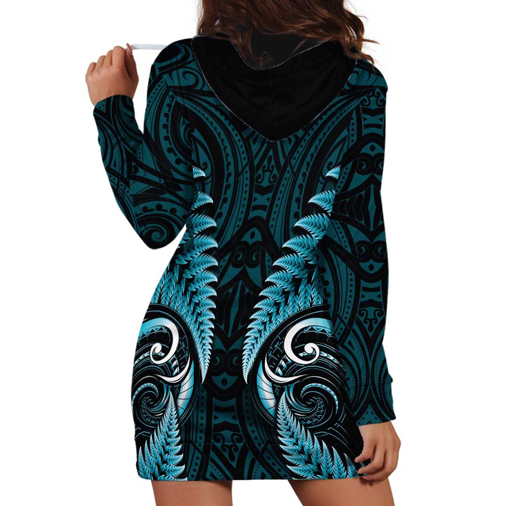 Aotearoa Pounamu Niho Hoodie Dress Silver Fern Mix Maori Pattern - Turquoise