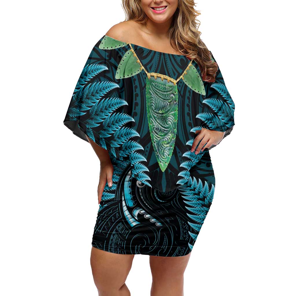 Aotearoa Pounamu Niho Off Shoulder Short Dress Silver Fern Mix Maori Pattern - Turquoise LT14 Women Turquoise - Polynesian Pride