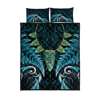 Aotearoa Pounamu Niho Quilt Bed Set Silver Fern Mix Maori Pattern - Turquoise
